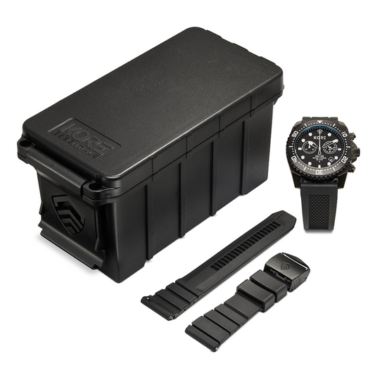 Overhead View of Kore Essentials Abyss Tactical Dive Watch with Black Kore Essentials Ammo Case Box and a Spare Kore Essentials Micro-Adjustable Watch Band