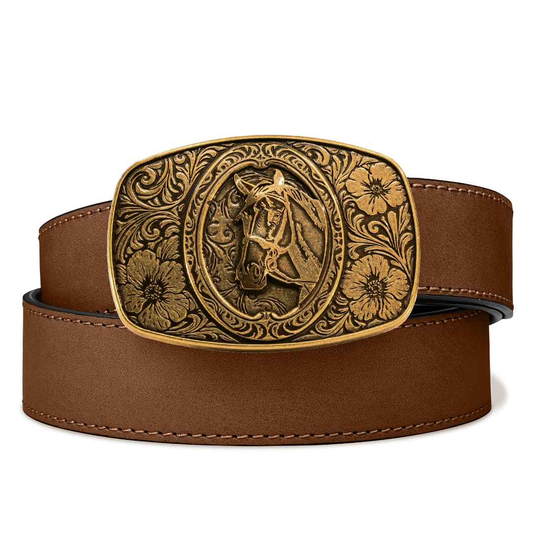 HORSE ANTIQUE BRASS BUCKLE | BUFFALO LEATHER GUN BELT 1.5