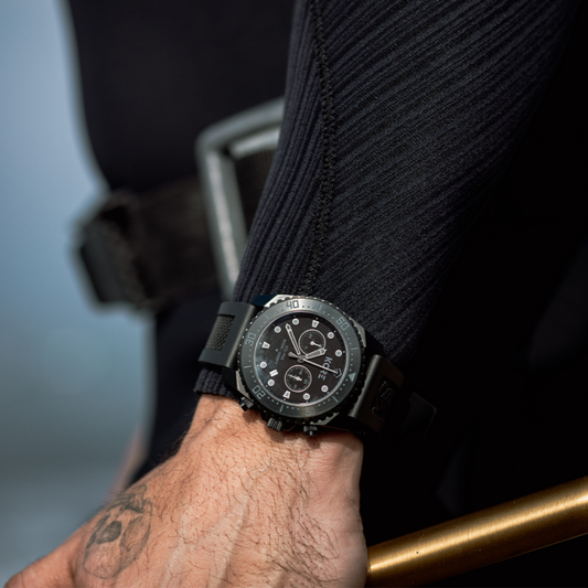 Closeup of a Deep Sea Diver Wearing a Kore Essentials Eclipse chronograph dive watch