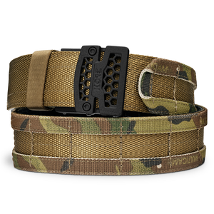 Kore Essentials Micro-Adjustable Multicam Battle Belt with a B1 Buckle on a White Background