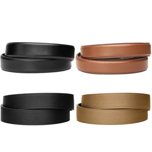 Kore Essentials Quarter Inch Gun Belts Arranged in Two Rows Showcasing Black and Brown Lether Belt Straps as Well as Coyote and Black Nylon Belt Straps
