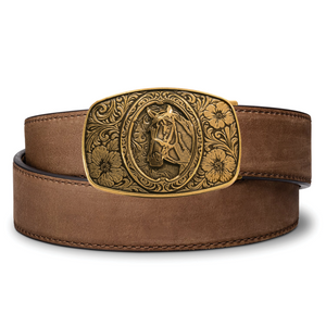 HORSE ANTIQUE BRASS BUCKLE | BUFFALO LEATHER GUN BELT 1.5"