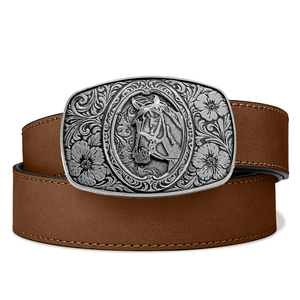 HORSE ANTIQUE SILVER BUCKLE | BUFFALO LEATHER GUN BELT 1.5"