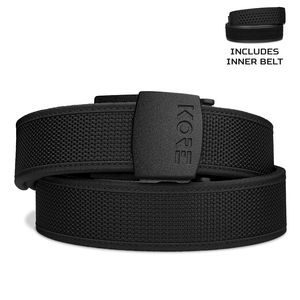 Kore Essentials Black Competition Gun Belt with a C1 Buckle on a white background. An Inner Belt is displayed in the top-right hand corner of the image.