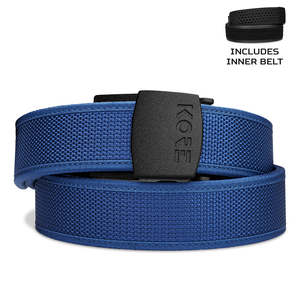 Kore Essentials Blue Competition Gun Belt with a C1 Buckle on a white background. An Inner Belt is displayed in the top-right hand corner of the image.