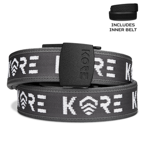 Kore Essentials Grey Competition Gun Belt with a C1 Buckle on a white background. An Inner Belt is displayed in the top-right hand corner of the image.