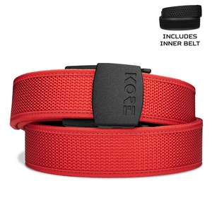 Kore Essentials Red Competition Gun Belt with a C1 Buckle on a white background. An Inner Belt is displayed in the top-right hand corner of the image.