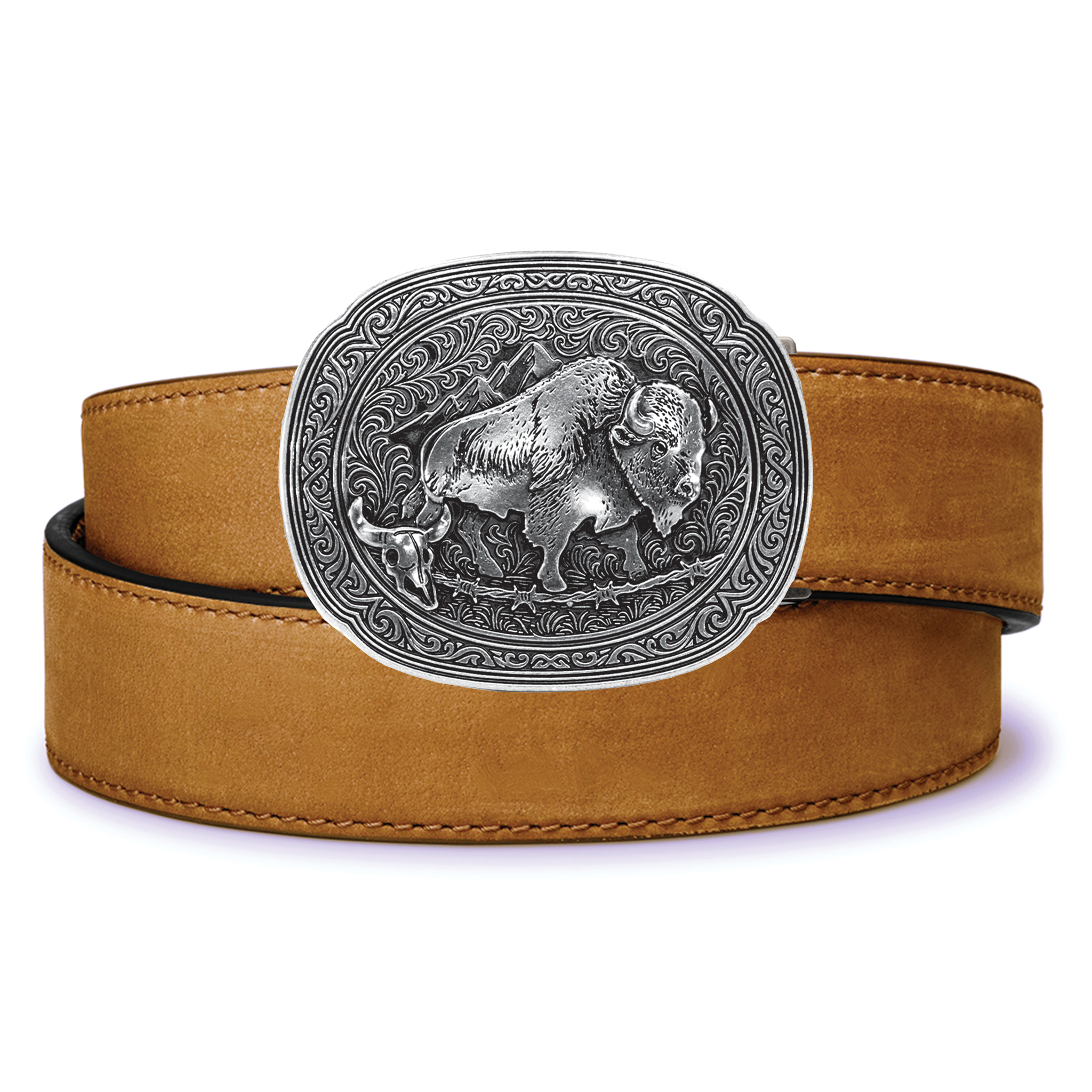 BISON ANTIQUE SILVER BUCKLE | BUFFALO LEATHER GUN BELT 1.5