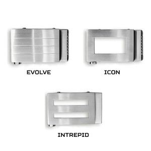 Three brushed Kore Essentials stainless steel belt buckle designs shown on a white background, labeled EVOLVE, ICON, and INTREPID.