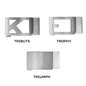 Three metallic belt buckle designs labeled TRIBUTE, TROPHY, and TRIUMPH on a plain white background.