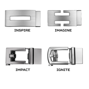 Four views of a brushed stainless steel automatic watch buckle on a white background, labeled INSPIRE, IMAGINE, IMPACT, and IGNITE.