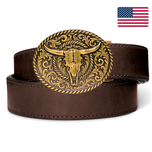 BULL SKULL ANTIQUE BRASS BUCKLE | BROWN LEATHER RANCH GUN BELT 1.5"