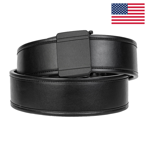 Kore Essentials Black Leather 2.25" Duty Belt with a D1 Buckle on a White Background