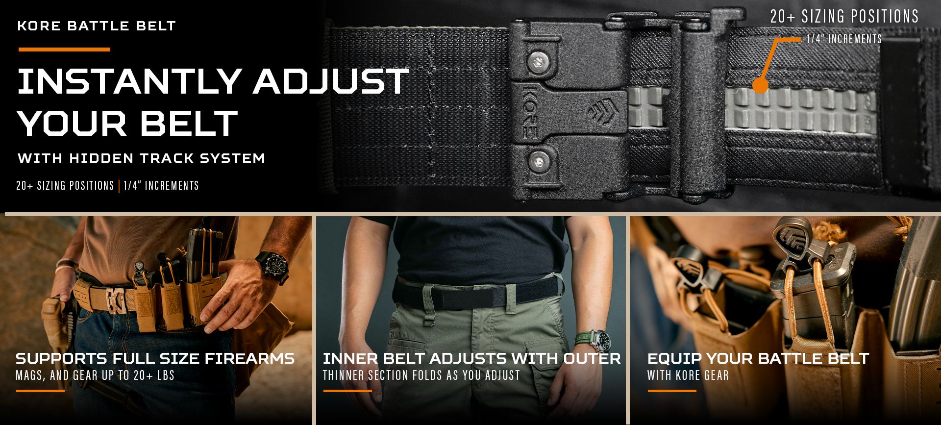 Promotional banner for the KORE Battle Belt, showing a close-up of the black adjustable belt with a hidden track system, plus three lower panels demonstrating use with firearms, thinning section folding, and gear compatibility.