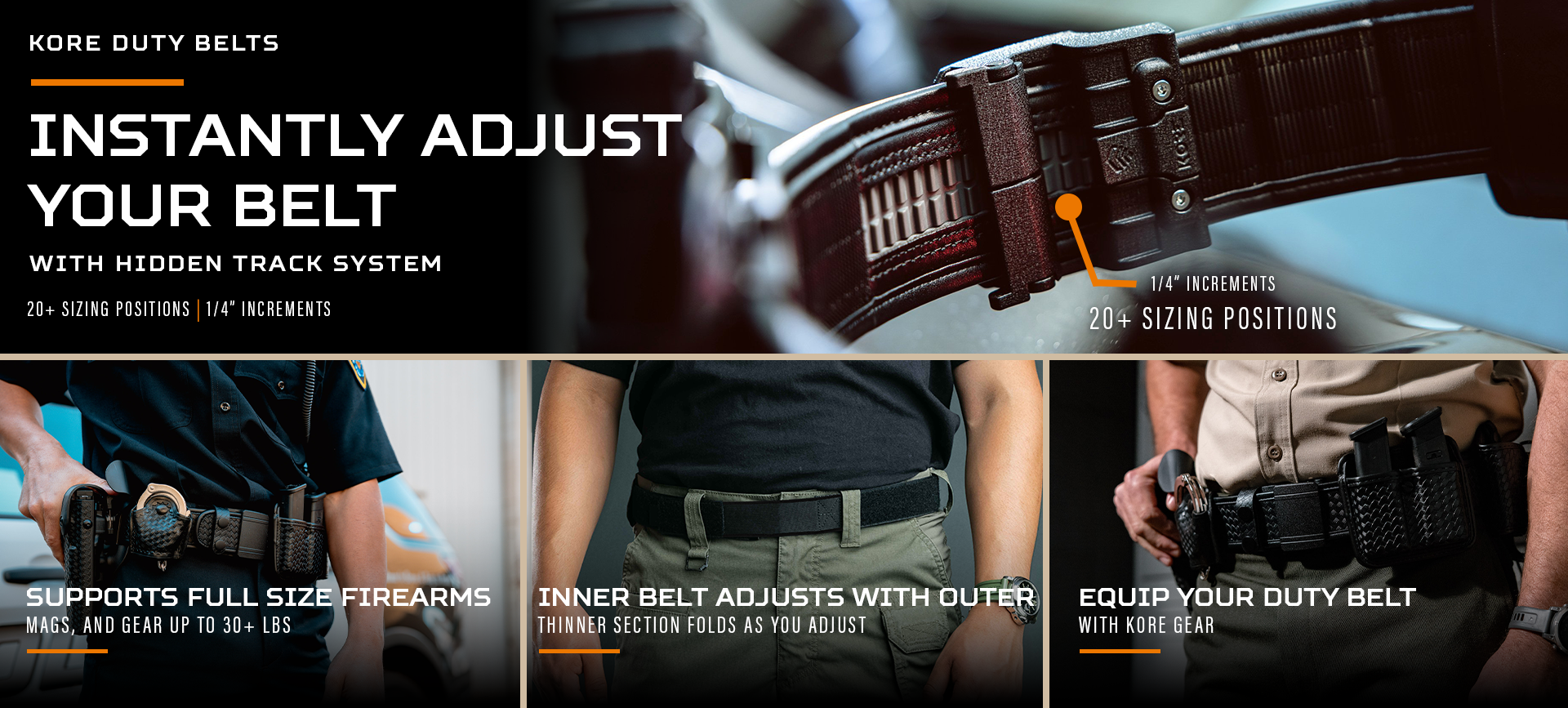 Promotional graphic for the Kore Duty Belts, showing a close-up of the belt with its hidden track system and three smaller panels demonstrating how to adjust the belt and how it supports firearms.