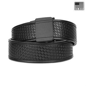 World's First Micro Adjustable Duty Belt by KORE Essentials!  It's the most comfortable, adjustable, supportive patrol belt you will ever wear and true game changer for law enforcement officers, military personnel, and security professionals.  Shown is the D1 Buckle and 2.25" Basketweave Belt