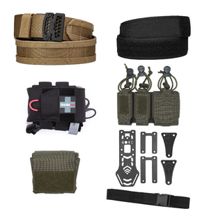 Kore Essentials Gunfighter Starter Kit FeaturingCoyote Molle Battle Belt, Soft Velcro Inner Belt, Combat TraumaPAK, Coyote Kore Trip Mag Pouch, Coyote Kore Dump Pouch and a Black Kore Essentials Holster Mount Kit