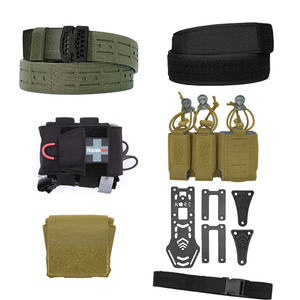 Kore Essentials Gunfighter Starter Kit Featuring Ranger Green Laser-Cut Molle Battle Belt, Soft Velcro Inner Belt, Combat TraumaPAK, Coyote Kore Trip Mag Pouch, Coyote Kore Dump Pouch and a Black Kore Essentials Holster Mount Kit