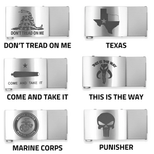 Kore Essentials Engraved Gun Belt Buckle Collection; featuring Don't Tread on Me Buckle, Texas Buckle, Come and Take it Buckle, This is the Way Buckle, Marine Corps Buckle, and Punisher Buckle; for 1.5" EDC Gun Belts