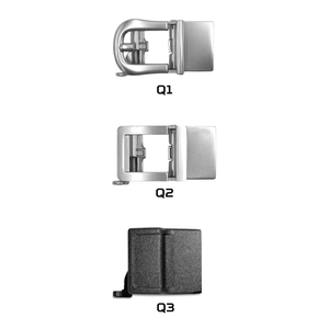 Three Kore Essentials Quarter Gun Belt Buckles are displayed on a white background with text labeling the buckles. We see Q1, Q2 and Q3 belt buckles.