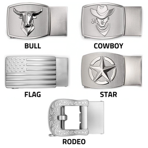 Collection of Kore Essentials Western Gun Belt Buckles; featuring a Bull Buckle, Cowboy Buckle, Flag Buckle, Star Buckle and Rodeo Buckle.
