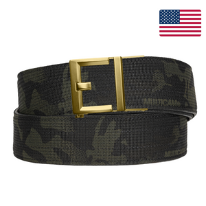 Multicam Black Kore Essentials Garrison Range Gun Belt with a Brass G2 buckle on a white background