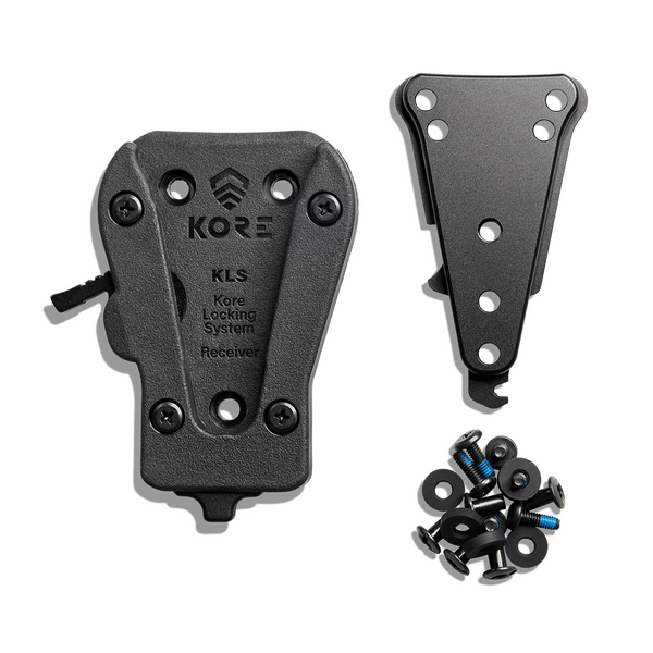 The Kore Locking System Receiver, Mount, and Hardware, lay flat on a white background 