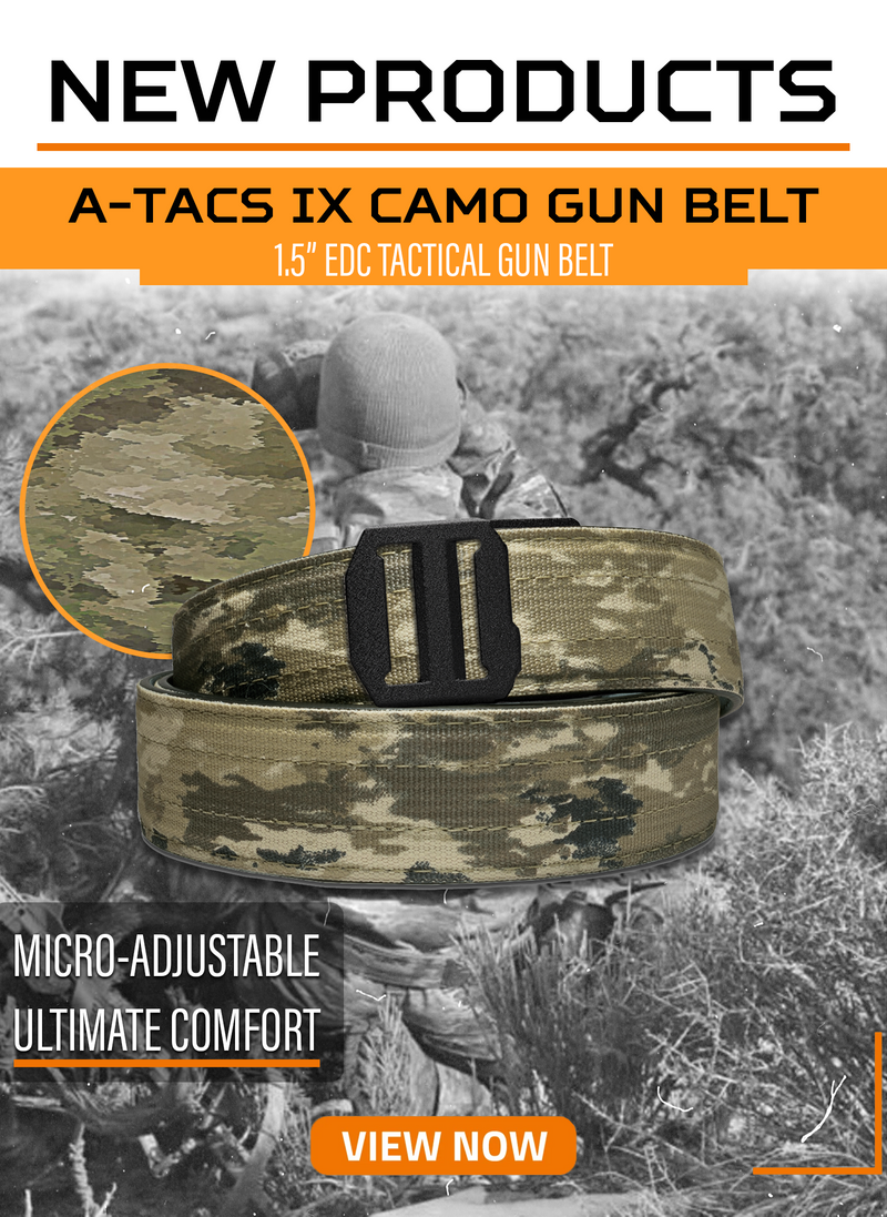  A Kore Essentials tactical camouflage gun belt shown coiled in the foreground, with a circular inset showing the fabric pattern close-up. The background is a grayscale outdoor scene with a person in camouflage, and promotional text at the top reads 'NEW PRODUCTS' and 'A-TACS IX CAMO GUN BELT 1.