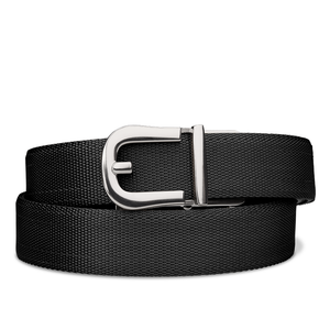 Kore Essentials Black Nylon Quarter-Inch Gun Belt with a Q1 Buckle on a White Background