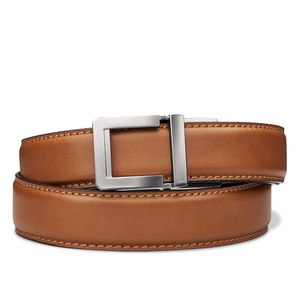 Kore Essentials Tan Leather Quarter-Inch Gun Belt with a Q1 Buckle on a White Background