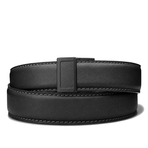 Kore Essentials black leather quarter inch gun belt with a Q3 buckle on a white background