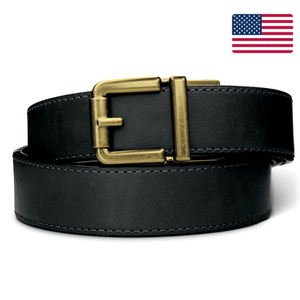 Kore Essentials Black Ranch Series Gun Belt with a Brass R1 Buckle on a white background