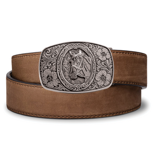 HORSE ANTIQUE SILVER BUCKLE | BUFFALO LEATHER GUN BELT 1.5"