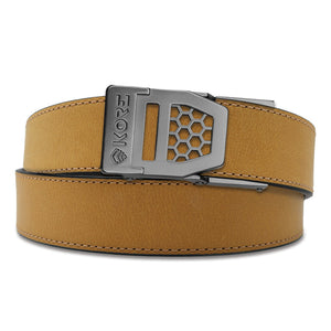 Kore Essentials Tan Buffalo Leather Ratcheting EDC Gun Belt with an X6 Gunmetal Buckle