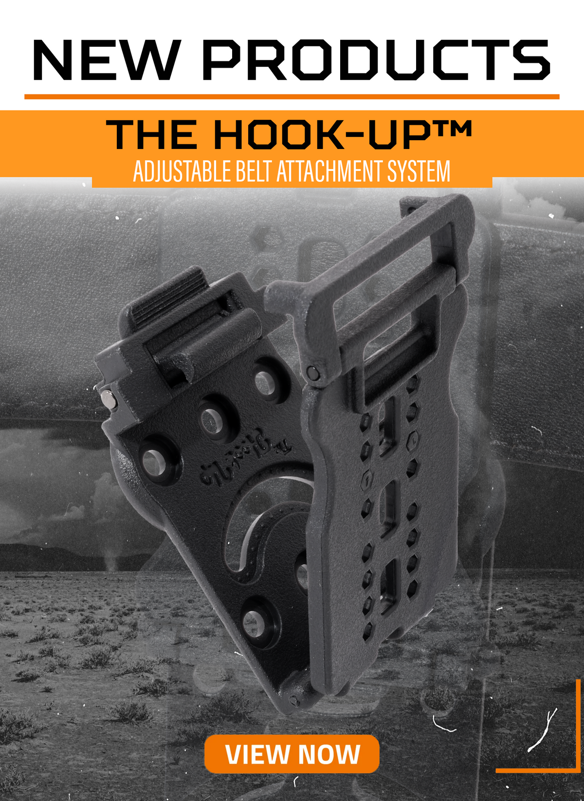  Promotional graphic for 'The Hook-Up' adjustable belt attachment system, showing a black metal hook component floating over a blurred grayscale outdoor landscape background, with orange text banners reading 'NEW PRODUCTS' and 'VIEW NOW'.
