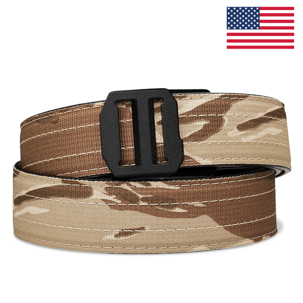 Kore Essentials USA Ratcheting Desert Tiger Stripe Tactical Gun Belt with an X7 Buckle