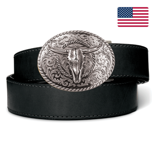 BULL SKULL ANTIQUE SILVER BUCKLE | BLACK LEATHER RANCH GUN BELT 1.5"