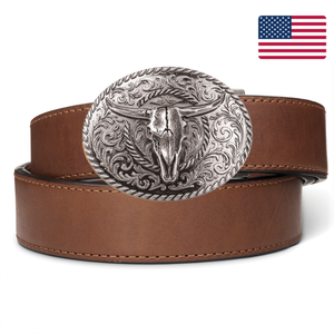 BULL SKULL ANTIQUE SILVER BUCKLE | TAN LEATHER RANCH GUN BELT 1.5"