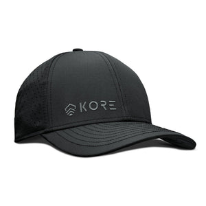 Black Kore Essentials Water Repellent Crew Hat with Grey Kore Logo on Front of Hat