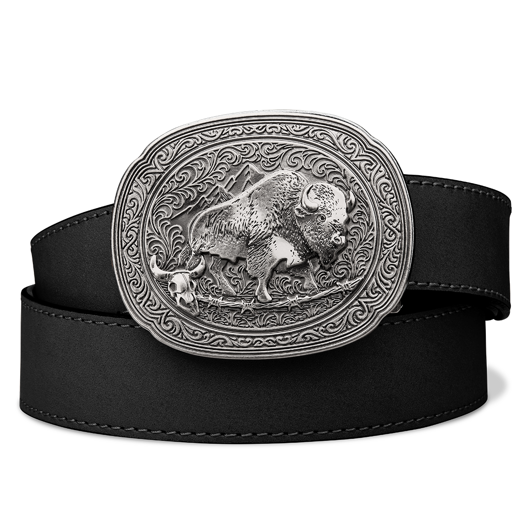 BISON ANTIQUE SILVER BUCKLE | BUFFALO LEATHER GUN BELT 1.5