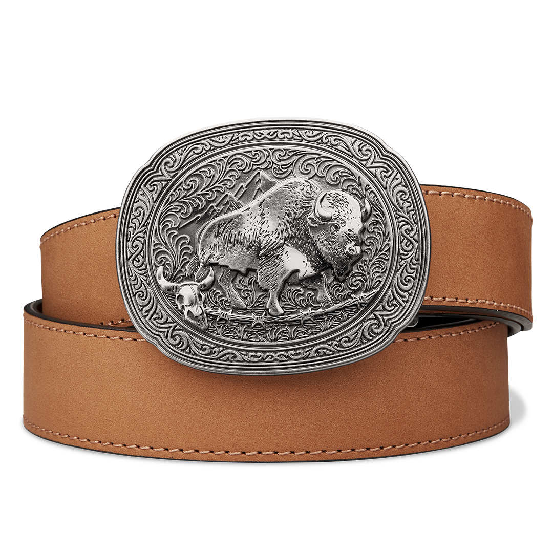 BISON ANTIQUE SILVER BUCKLE | BUFFALO LEATHER GUN BELT 1.5