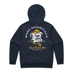 Navy blue pullover sweatshirt with a graphic of a bulldog on the front, text 'KORE ESSENTIALS', and 'Tough Tactical Gear' along with the address 'San Diego, CA'.