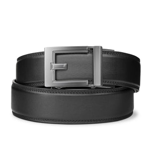 Express gray alloy buckle with full grain leather ratchet belt by KORE Essentials. Kore ratchet belts provide over 40+ sizing positions to choose from, so  you get perfect fit every time. 
