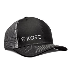 Kore Essentials Black & Gray Snap Back Trucker Baseball Hat front