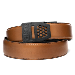 Kore X6 Gun Buckle with Black Reinforced Leather Belt. Mens ratchet belts for Every Day Carry (EDC) and Concealed Carry. 