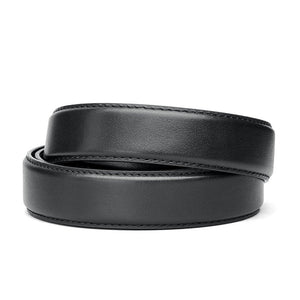 Slim Black Full Grain Leather Belt.  Fits any waist from 24" up to 44" (1-1/8" wide).  Leather belts with hidden 10" track sewn into the back by Kore Essentials.
